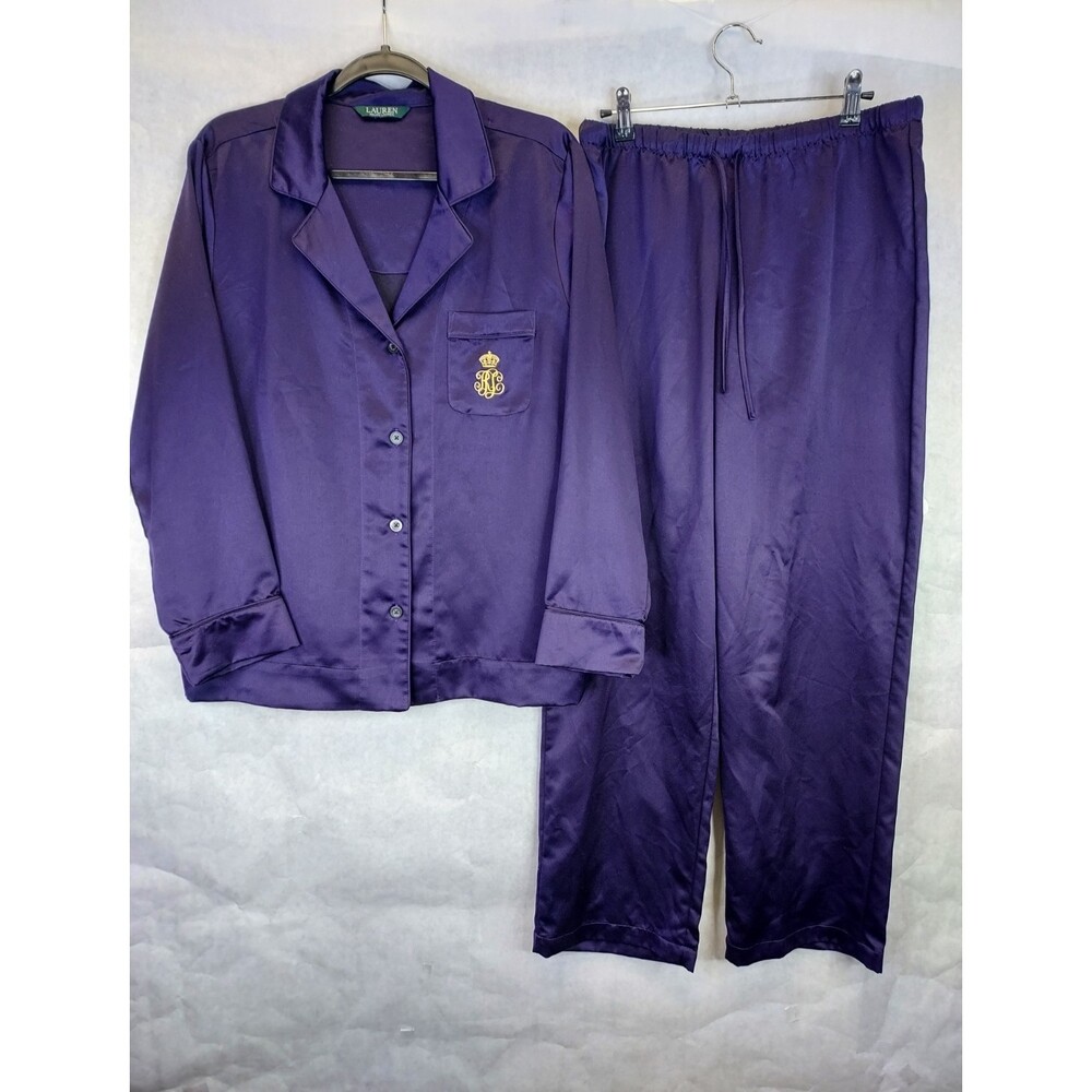 LRL Ralph Lauren Satin Pajamas Set Women L Long Sleeve Button Up Logo Crest Luxe